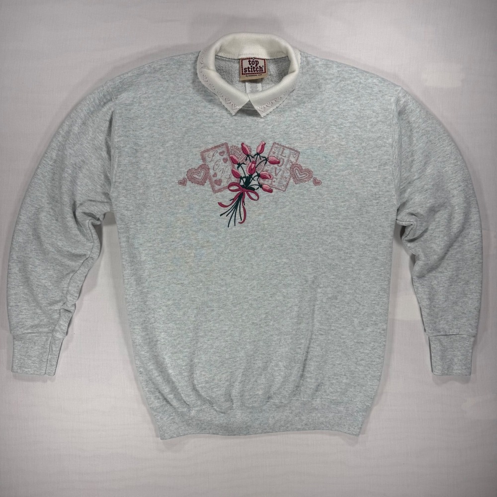 Vintage Top Stitch by Morning Sun Gray Embroidered Floral Lace Collar Sweatshirt